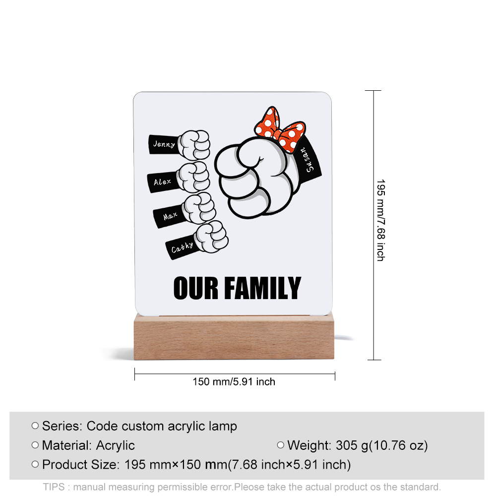 5 Names - Personalised Acrylic Night Light Custom Names & Text Fist Bump LED Lamp Gifts for Family-Jessemade AU