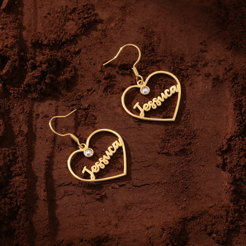 Personalised Big Heart Earring with Birthstones Customised 1 Name Gifts for Her-Jessemade AU