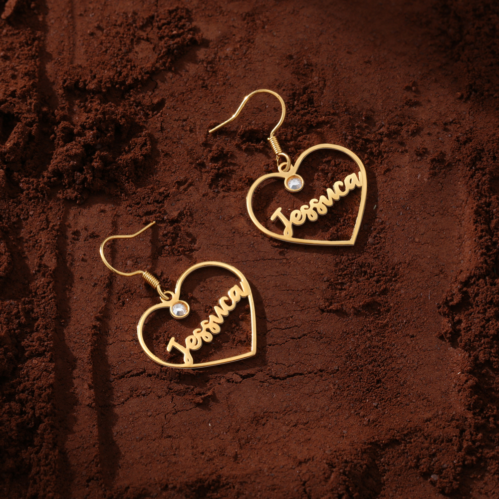 Personalised Big Heart Earring with Birthstones Customised 1 Name Gifts for Her-Jessemade AU