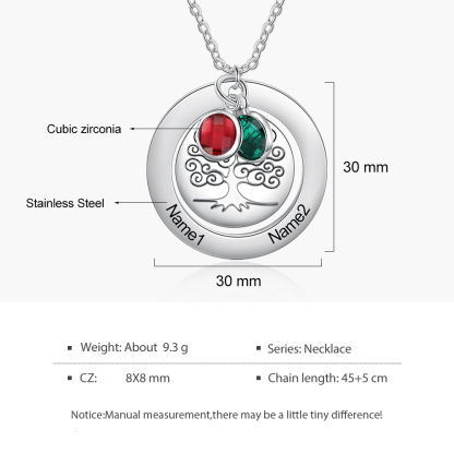 Personalised Family Tree Necklace with 2 Birthstones Engraved Names Gift For Women-Jessemade AU