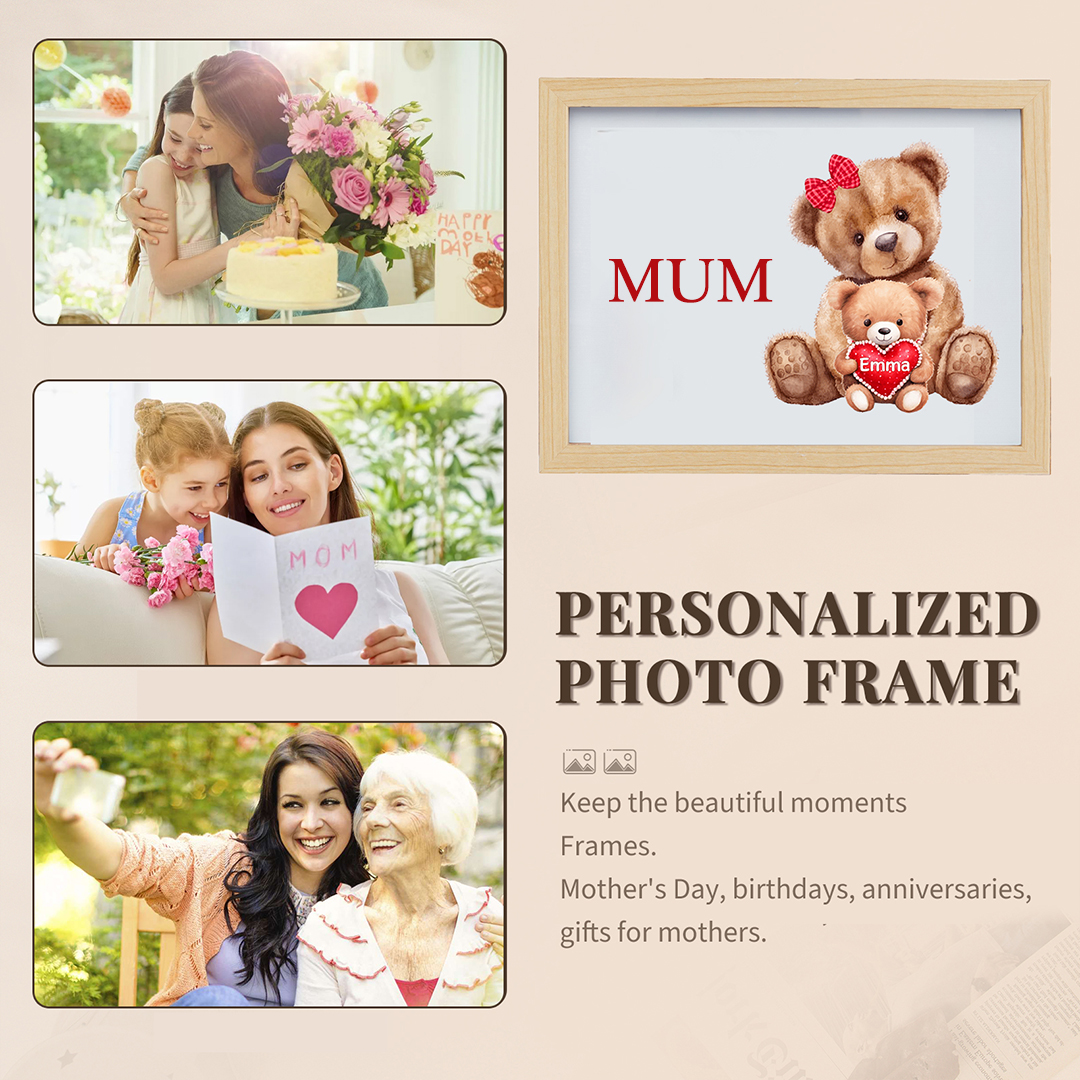Personalised Frame Night Light Custom 1 Text  & 1 Name Teddy Bears Family Ornament Gifts for Mother/Grandma-Jessemade AU