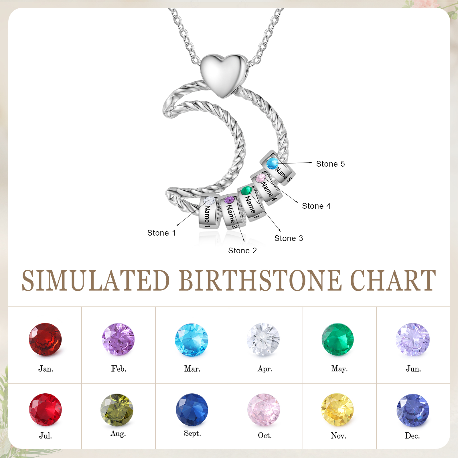 5 Names - Personalised Moon Pendant Necklace Custom Birthstones & Names Necklace Gift for Her-Jessemade AU