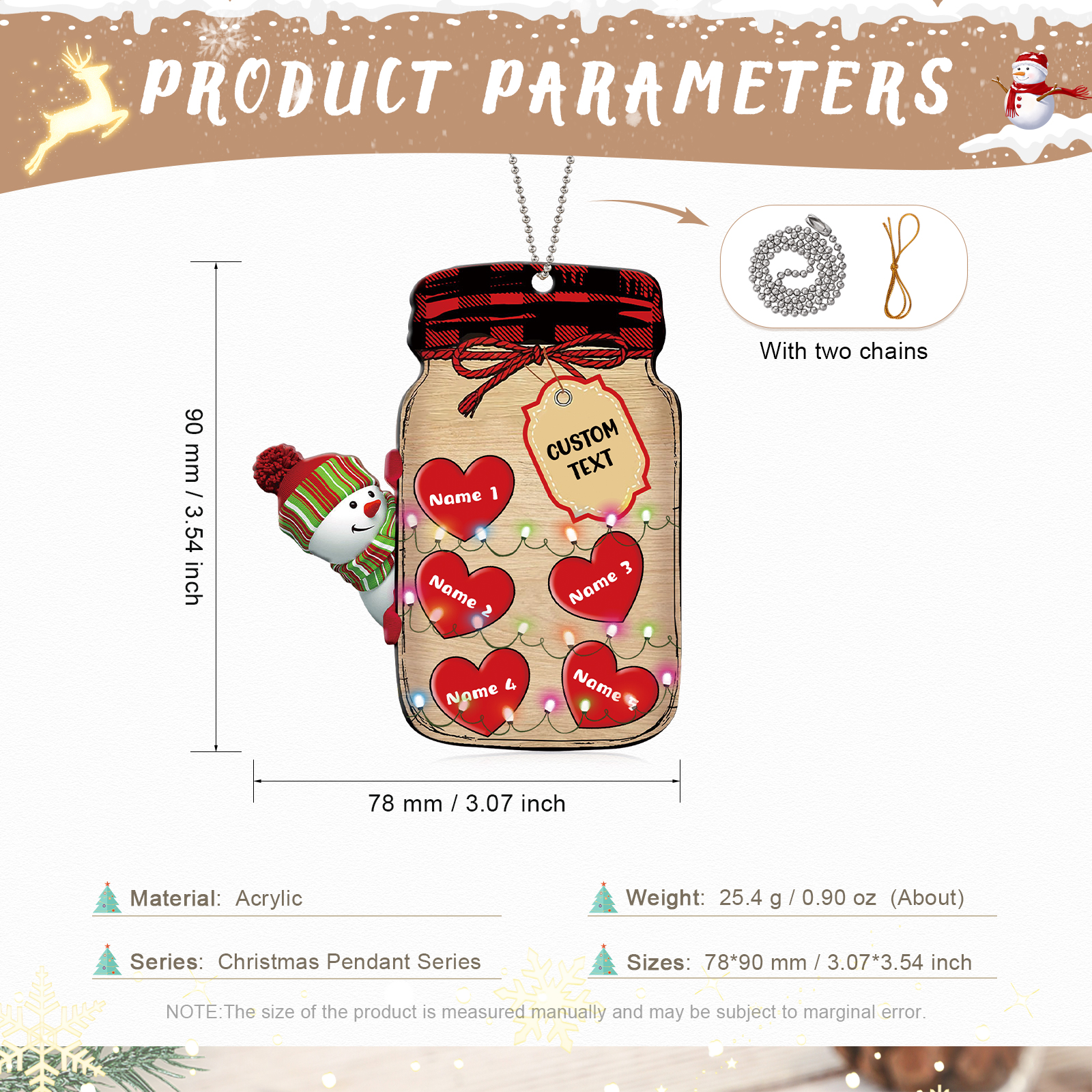 5 Names - Personalised Heart Christmas Ornament Customised Name & Text Acrylic Snowman Hanging Ornaments Jar Gift for Family-Jessemade AU