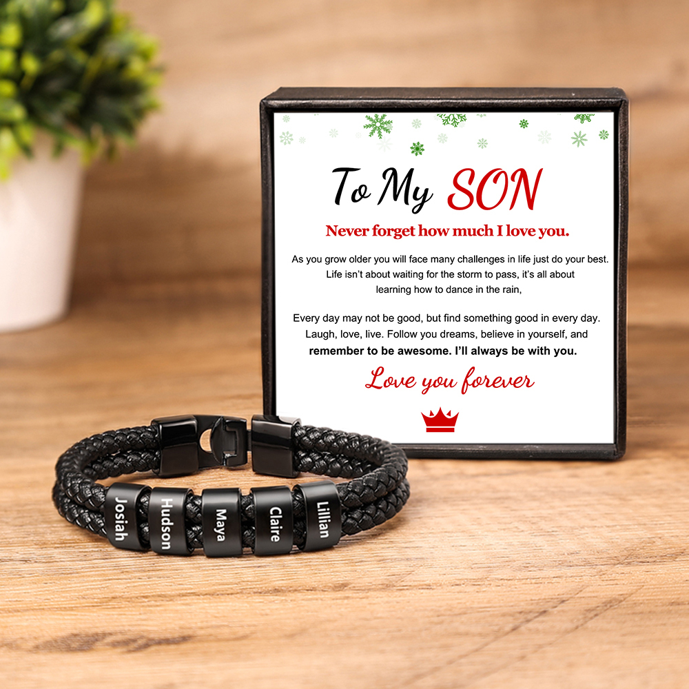 Personalised Braided Leather Bracelet Engraved 5 Names Men's Bracelet for Him-Jessemade AU