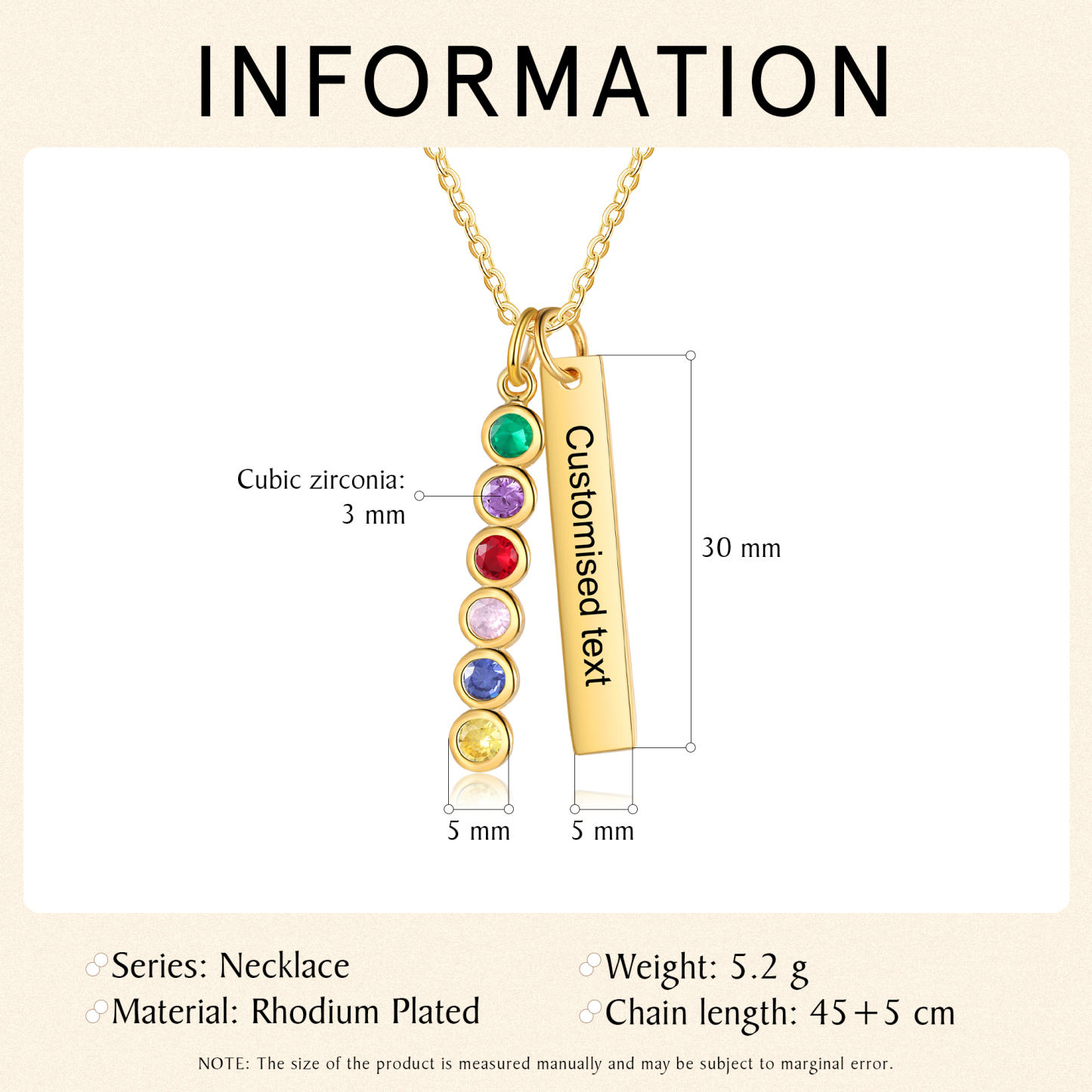 Personalised Bar Pendant Necklace Custom 6 Birthstones & 1 Text Necklace Birthday Gift for Her-Jessemade AU