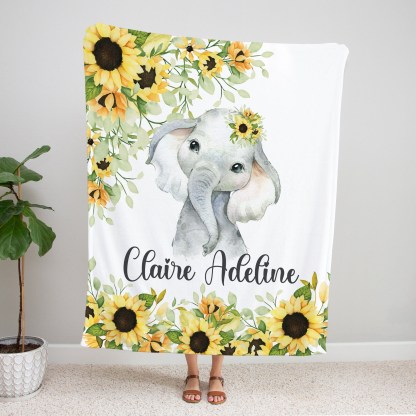 Personalised Sunflower Elephant Blanket Custom Name Gifts For Baby Girl-Jessemade AU