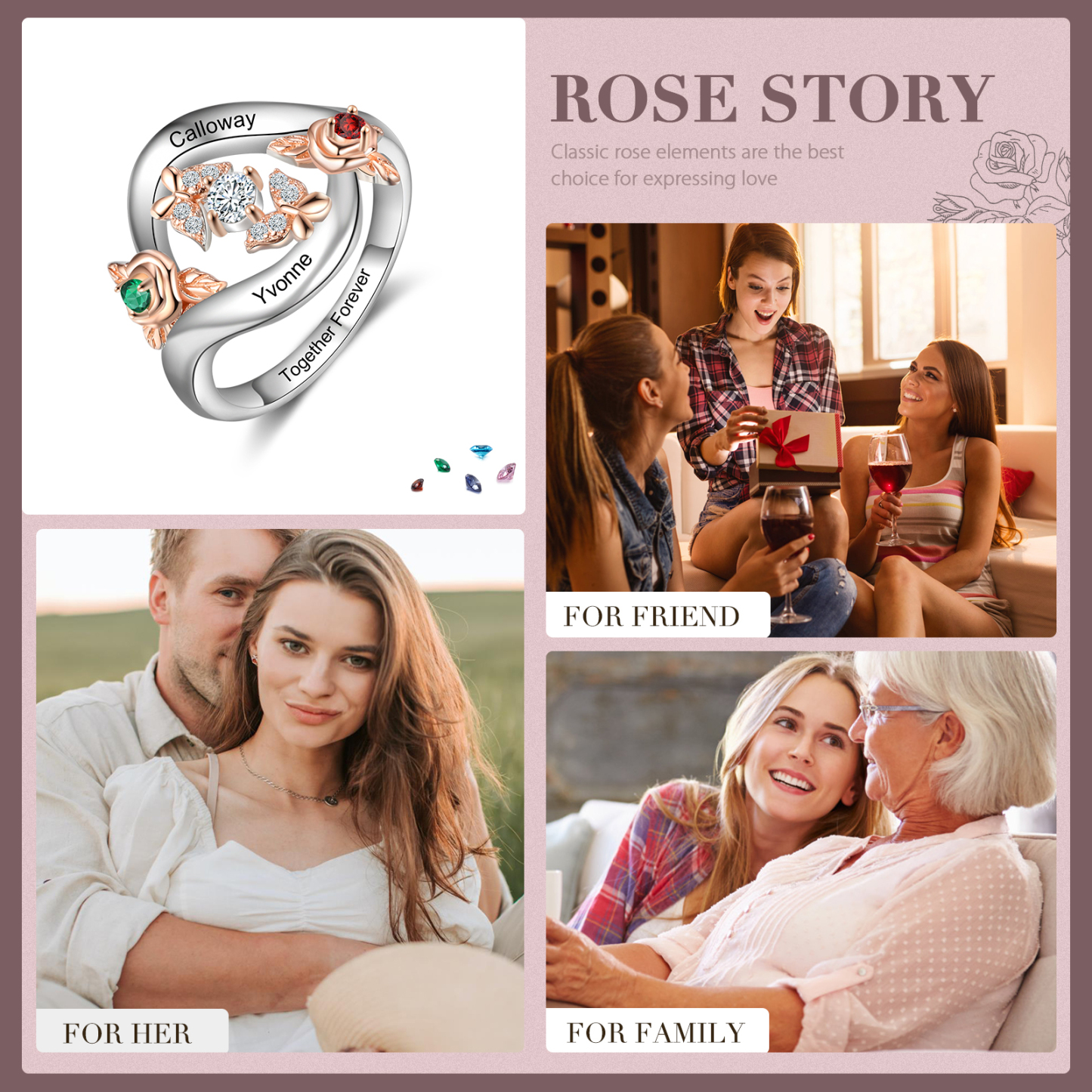 Personalised Rose Ring With 2 Birthstones Engraved Names Ring Gift For Women-Jessemade AU