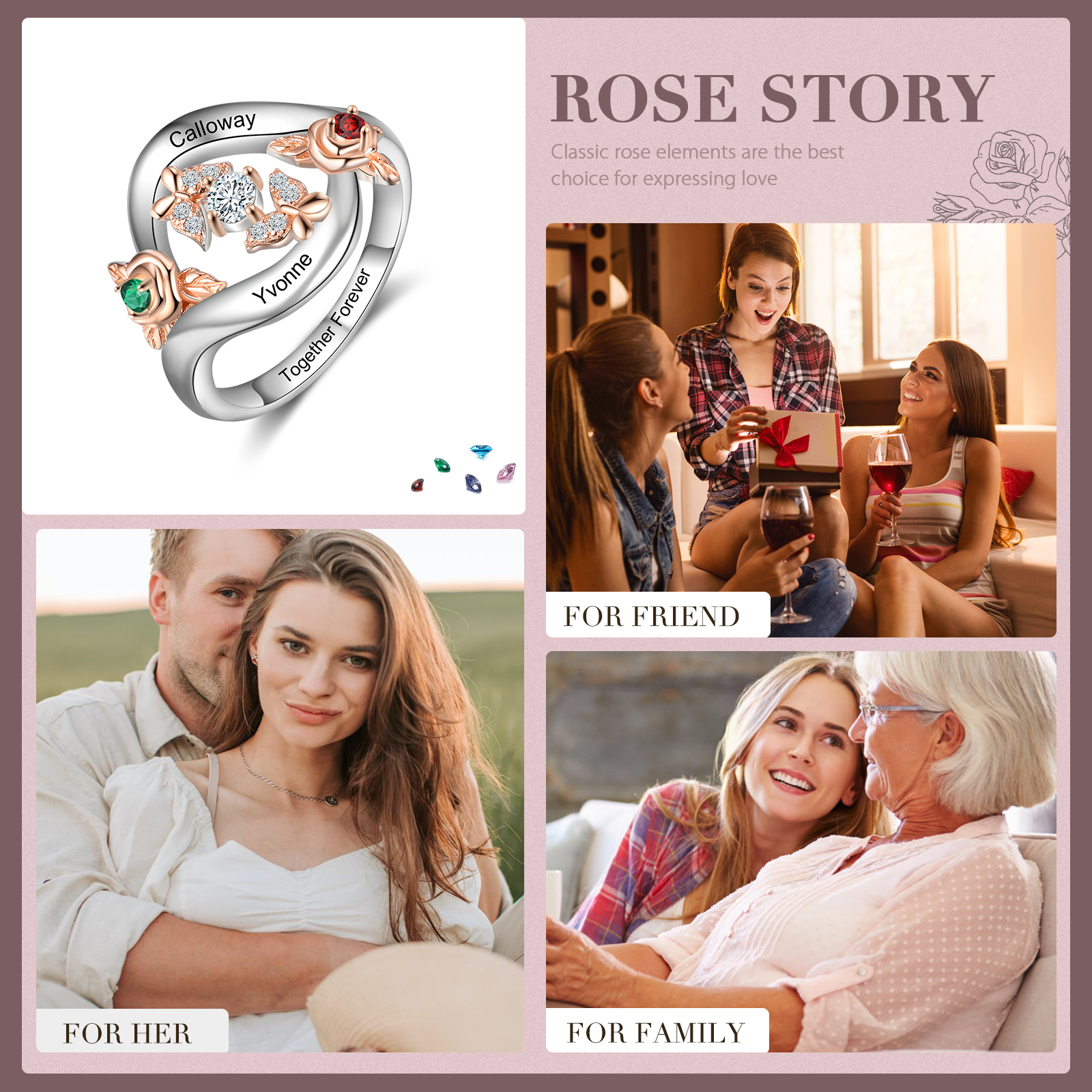 Personalised Rose Ring With 2 Birthstones Engraved Names Ring Gift For Women-Jessemade AU