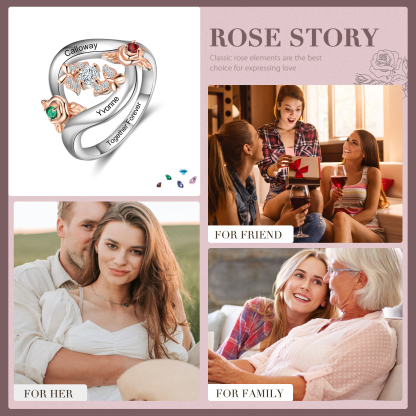 Personalised Rose Ring With 2 Birthstones Engraved Names Ring Gift For Women-Jessemade AU