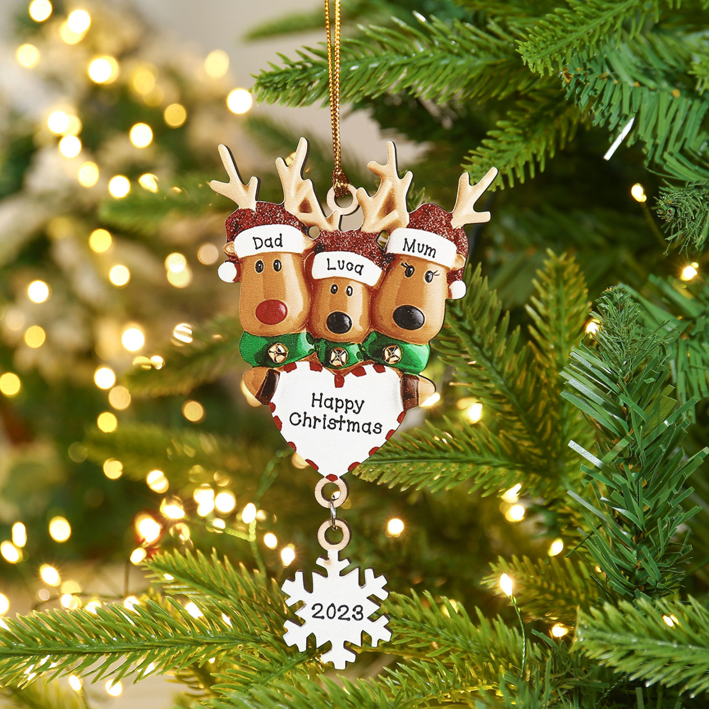 3 Names - Personalised Reindeer Christmas Ornament Customised Name & Text & Year Wooden Hanging Ornaments Christmas Gift for Family-Jessemade AU