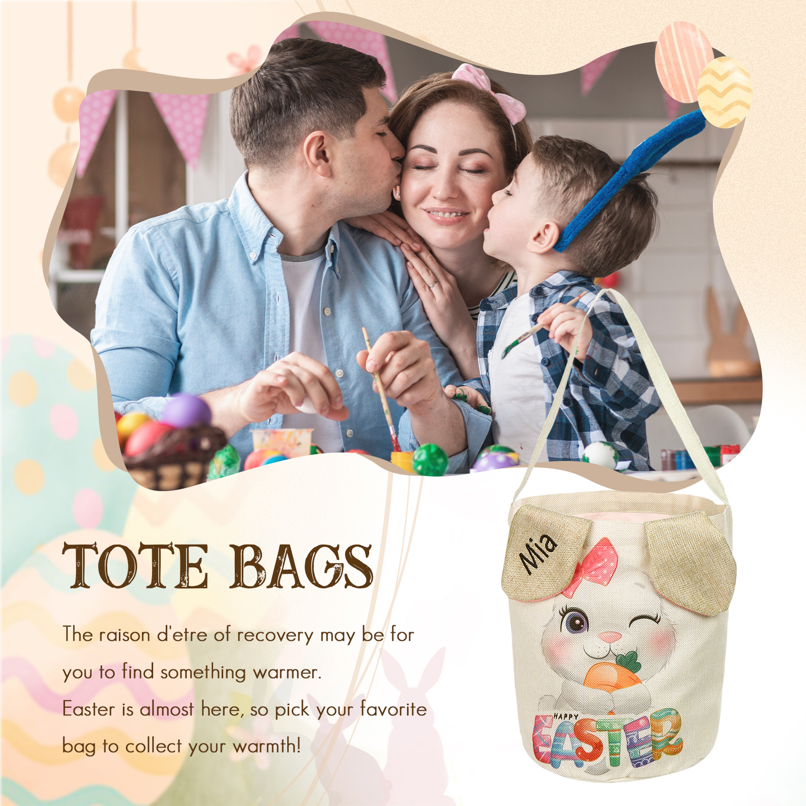 Personalised Bunny Tote Bag Customised with Name Bunny Bucket Bag Easter Gifts-Jessemade AU