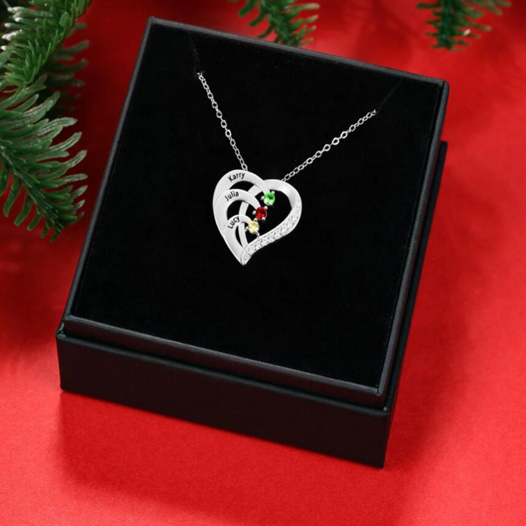 Personalised Mother Necklace 3 Stones Engraved 3 Names Birthstone Intertwined Heart Pendant Gifts for Her-Jessemade AU