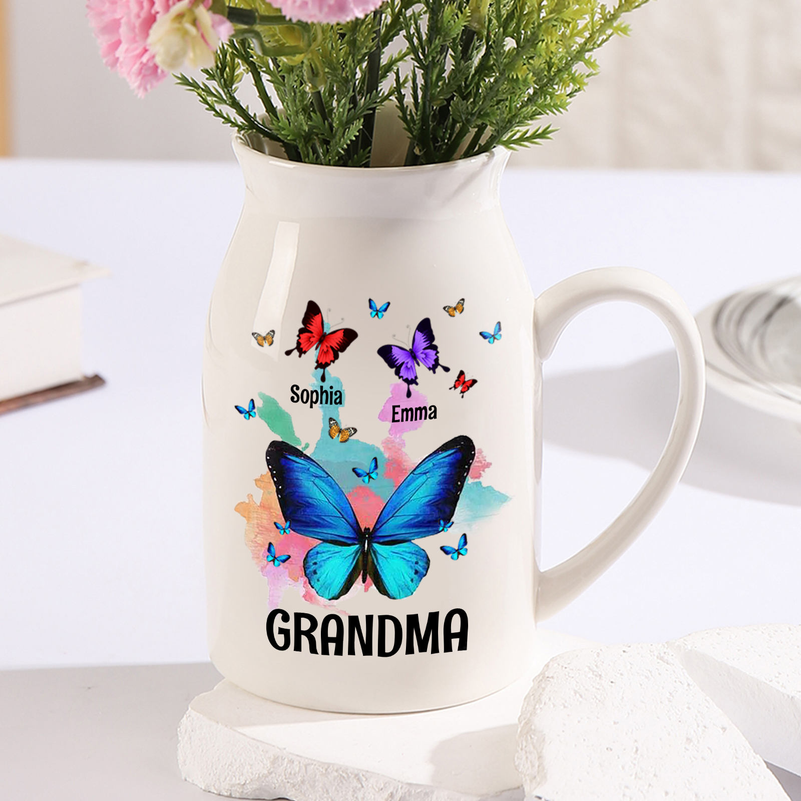 Personalised Ceramic Flower Vase Custom 2–8 Names & 1 Text Colourful Butterfly Vase Gift for Mother/Grandma-Jessemade AU