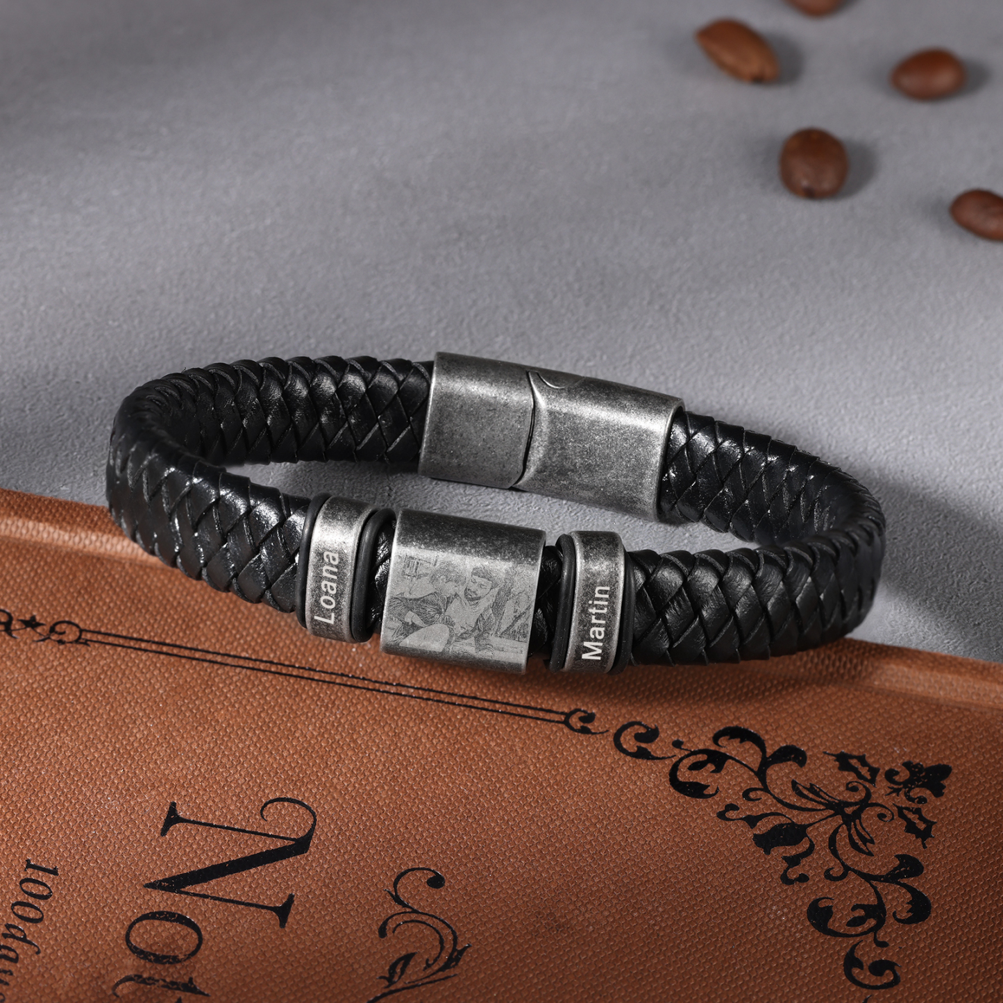 2 Names - Personalised Men's Leather Braided Bracelet Customised Name & Photo Bracelet Vintage Gift for Him-Jessemade AU