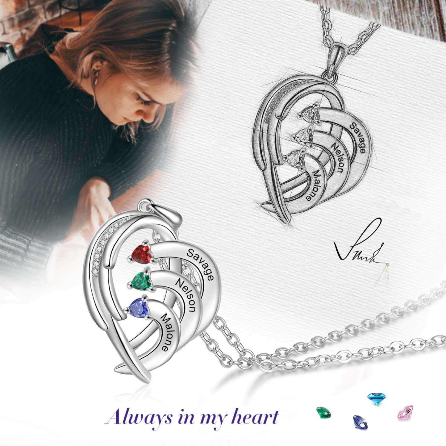 Personalised Heart Wings Necklace With 3 Birthstones Custom Names Necklace Gift For Her-Jessemade AU