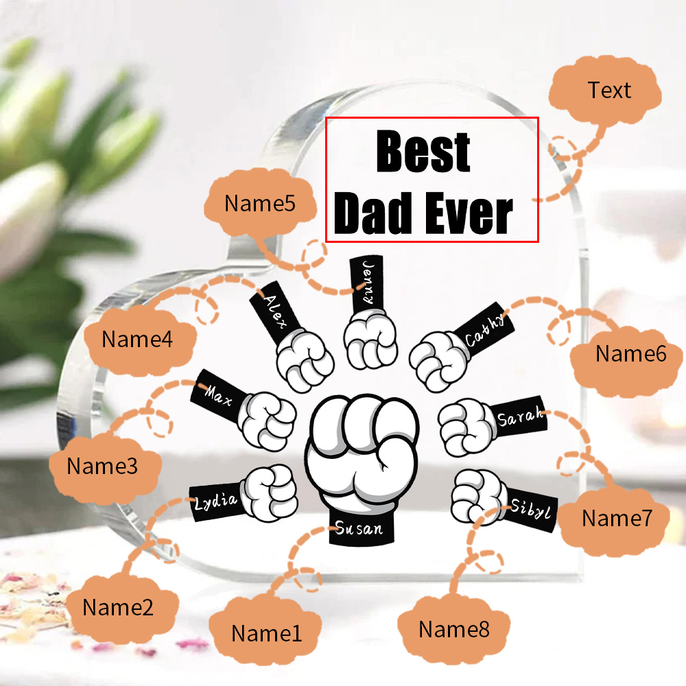 Personalised Acrylic Heart Keepsake Custom 8 Names & 1 Text Fist Bump Ornaments Gifts for Dad/Grandpa-Jessemade AU