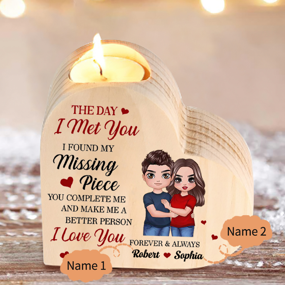 "I FOUND MY Missing Piece" Couple Heart Candle Holder Wooden Candlesticks Valentines Gift-Jessemade AU