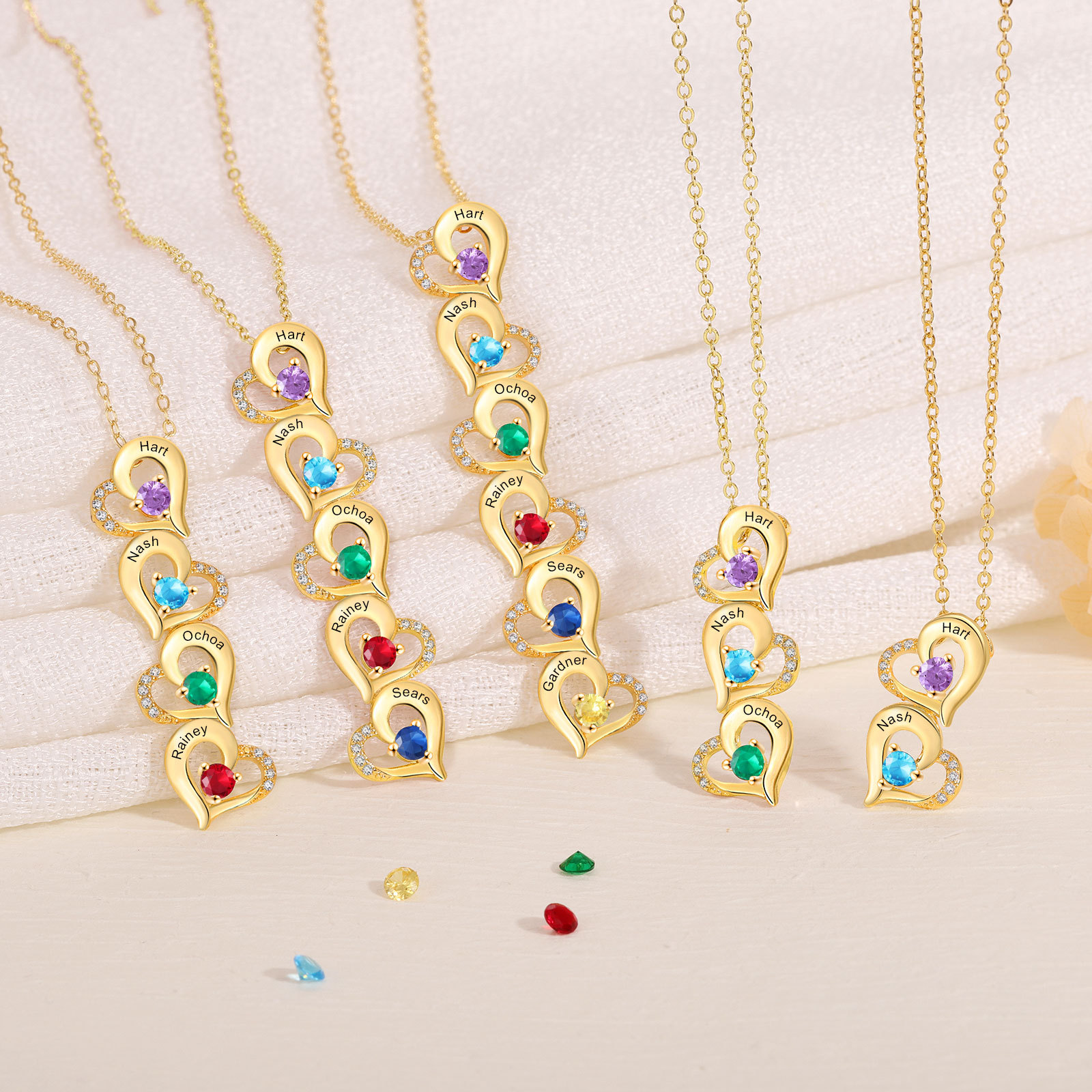 4 Names - Personalised Heart Pendant Necklace Custom Birthstones & Names Necklace Birthday Gift for Her-Jessemade AU