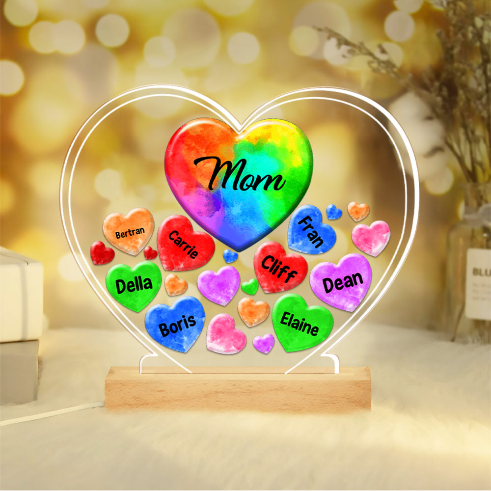 Personalised Text Acrylic Night Light Colourful Hearts Family Custom 1–14 Names LED Lamp Gifts For Mother/Grandma-Jessemade AU