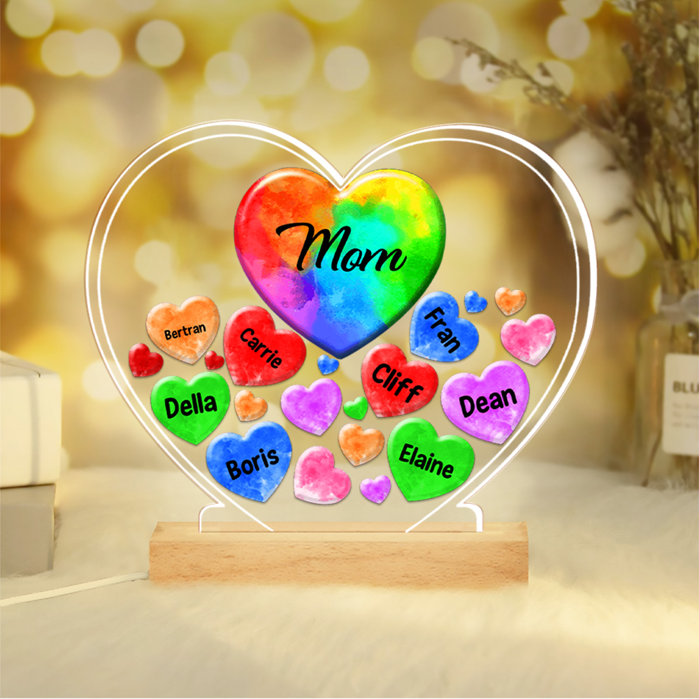 Personalised Text Acrylic Night Light Colourful Hearts Family Custom 1–14 Names LED Lamp Gifts For Mother/Grandma-Jessemade AU