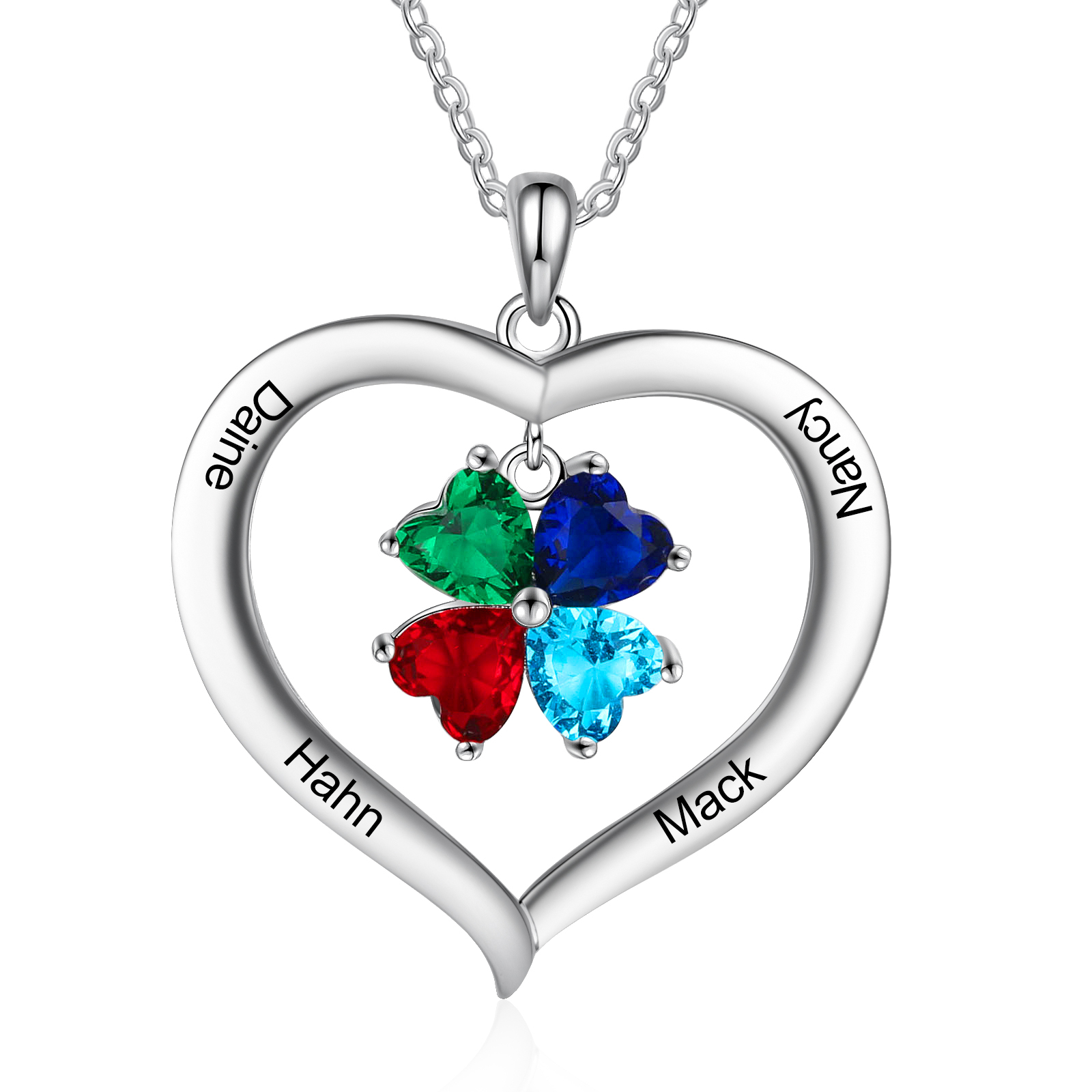 Personalised Heart Pendant Necklace with 4 Birthstones Engraved Names Family Necklace Gifts for Her-Jessemade AU