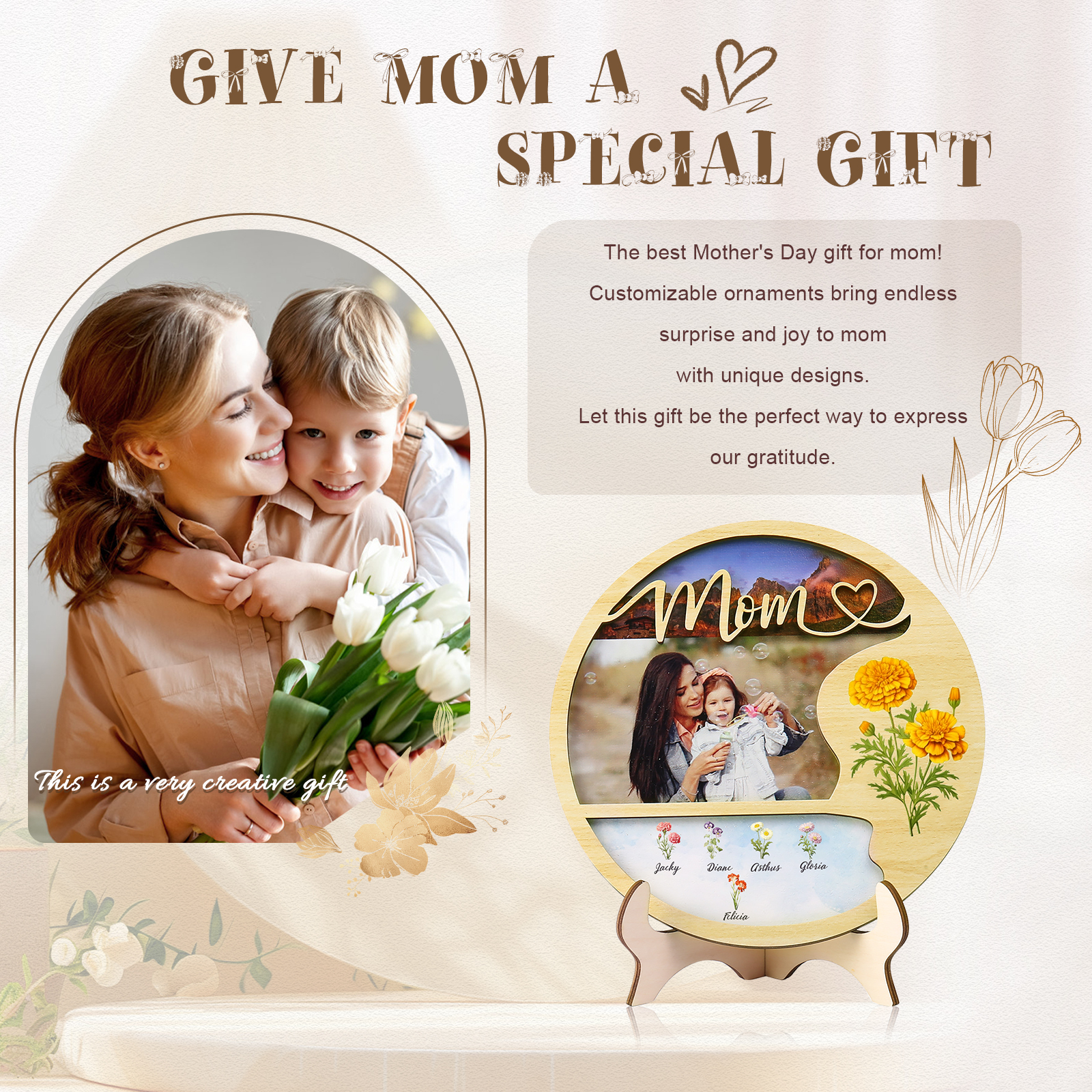 Personalised Photo & Text Wooden Plaque Custom 6 Birth Flowers & 5 Names Wooden Sign With Stand Gifts for Mum/Nana-Jessemade AU