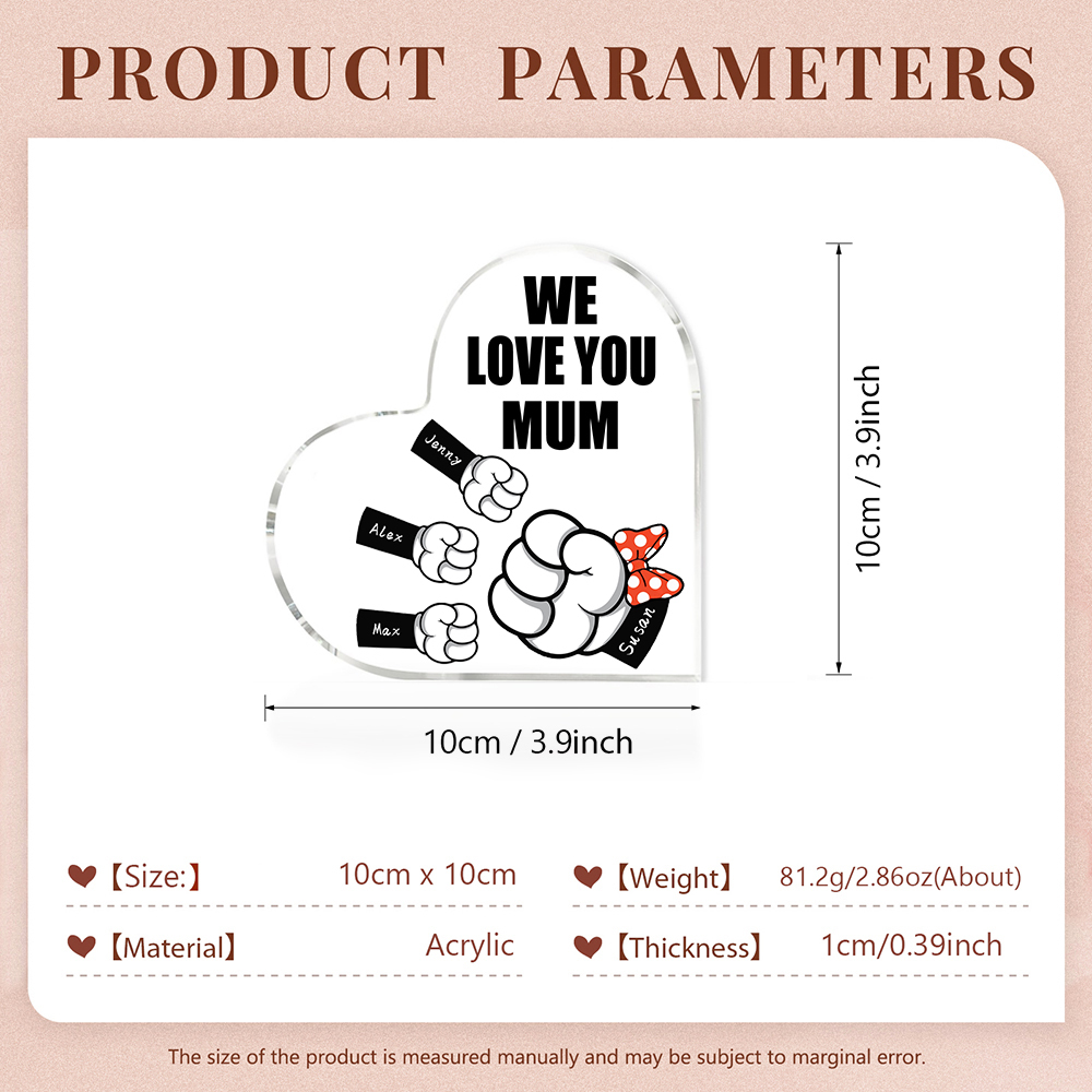 4 Names - Personalised Acrylic Heart Keepsake Custom Name & Text Fist Bump Ornaments Gifts for Family-Jessemade AU