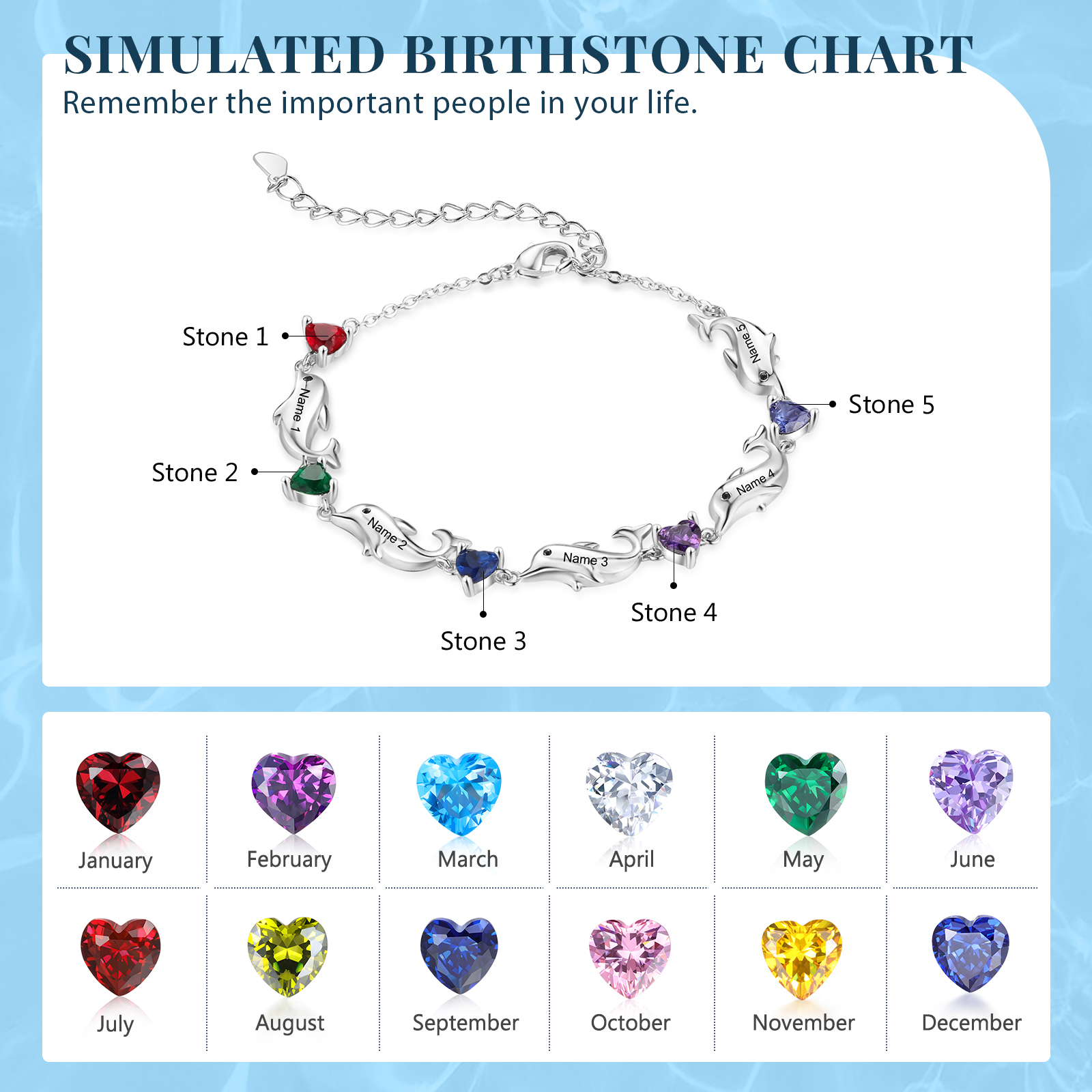 Dolphin Bracelet Personalised 5 Birthstones & 5 Names Women Bracelet-Jessemade AU