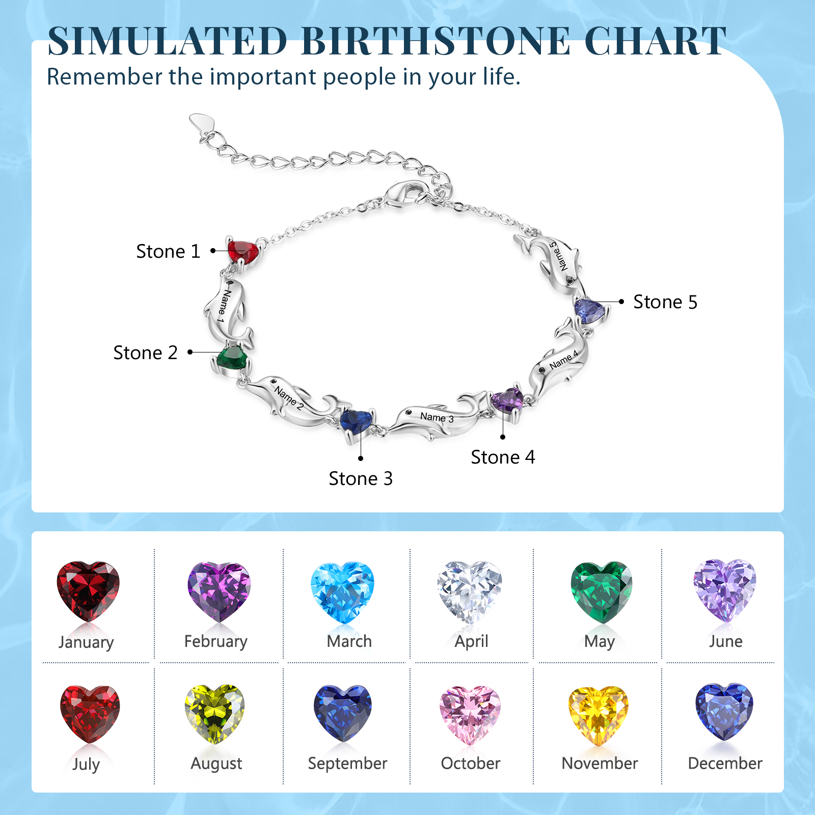 Dolphin Bracelet Personalised 5 Birthstones & 5 Names Women Bracelet-Jessemade AU