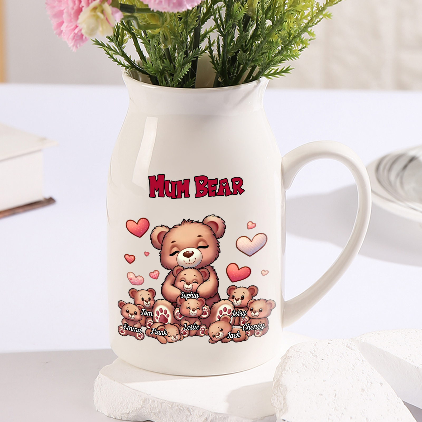 Personalised Ceramic Flower Vase Custom 2–8 Names & 1 Text Bear Family Vase Gift for Mother/Grandma-Jessemade AU