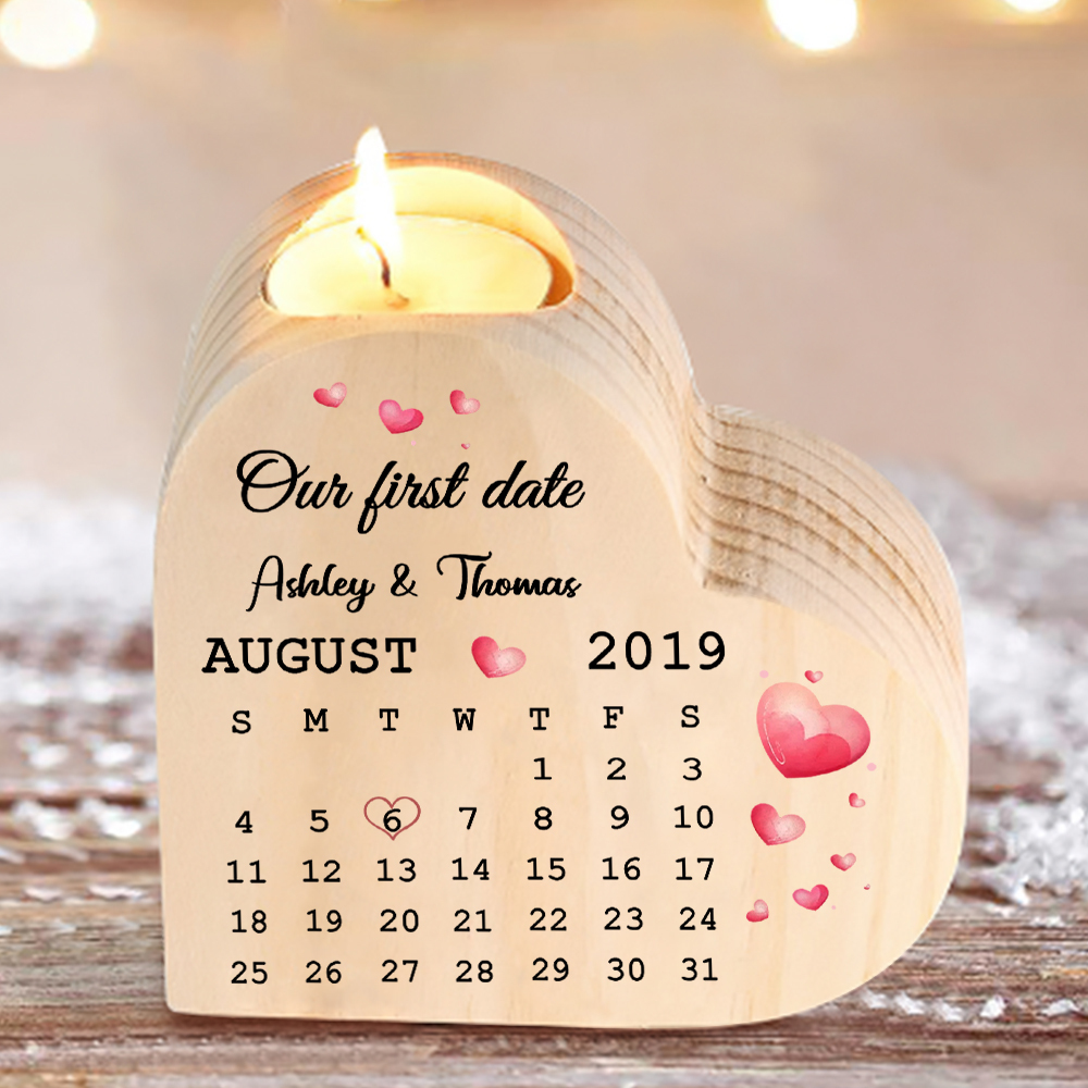 Wooden Couple Candle Holder Custom 2 Names & Date & Text Candlesticks Calendar Valentine's Day Gifts for Wife/Girlfriend-Jessemade AU