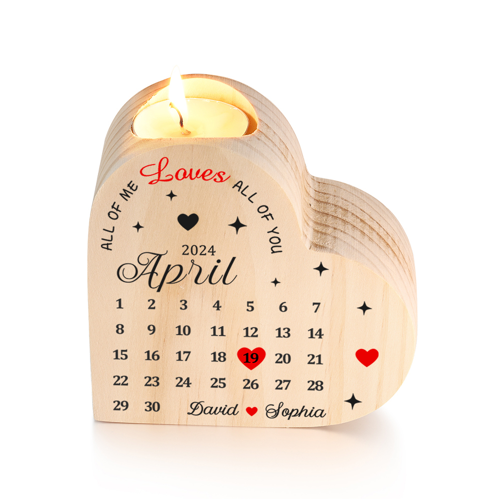 Personalised Heart Candle Holder Custom 2 Names & Date Wooden Calendar Candlesticks Anniversary Gift for Couples -Jessemade AU