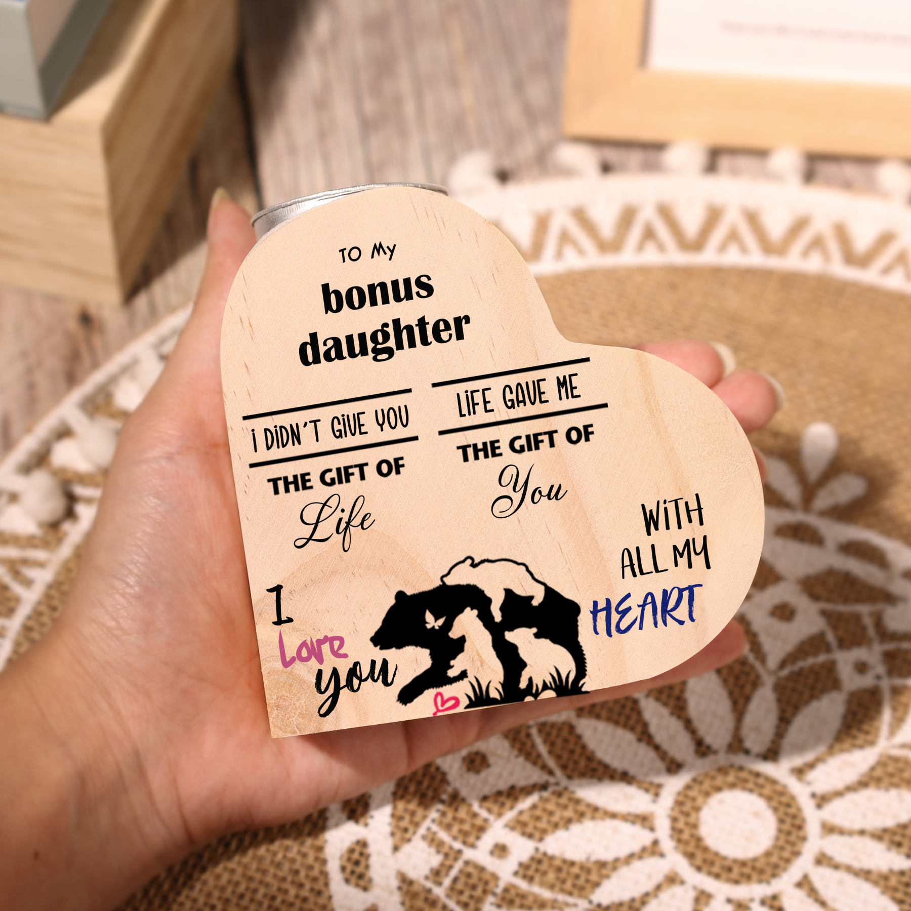 To My Bonus Daughter Wooden Heart Candle Holder "Life Gave Me The Gift of You"-Jessemade AU