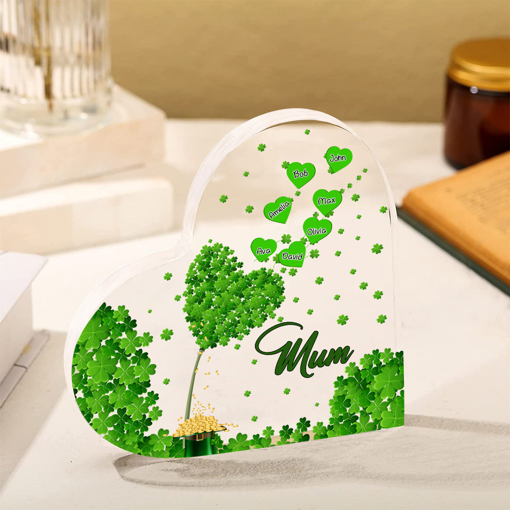 7 Names - Personalised Acrylic Heart Keepsake Custom Text Four-Leaf Clover Ornament Gift for Mother/Grandma-Jessemade AU