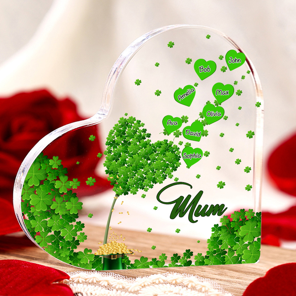 8 Names - Personalised Acrylic Heart Keepsake Custom Text Four-Leaf Clover Ornament Gift for Mother/Grandma-Jessemade AU