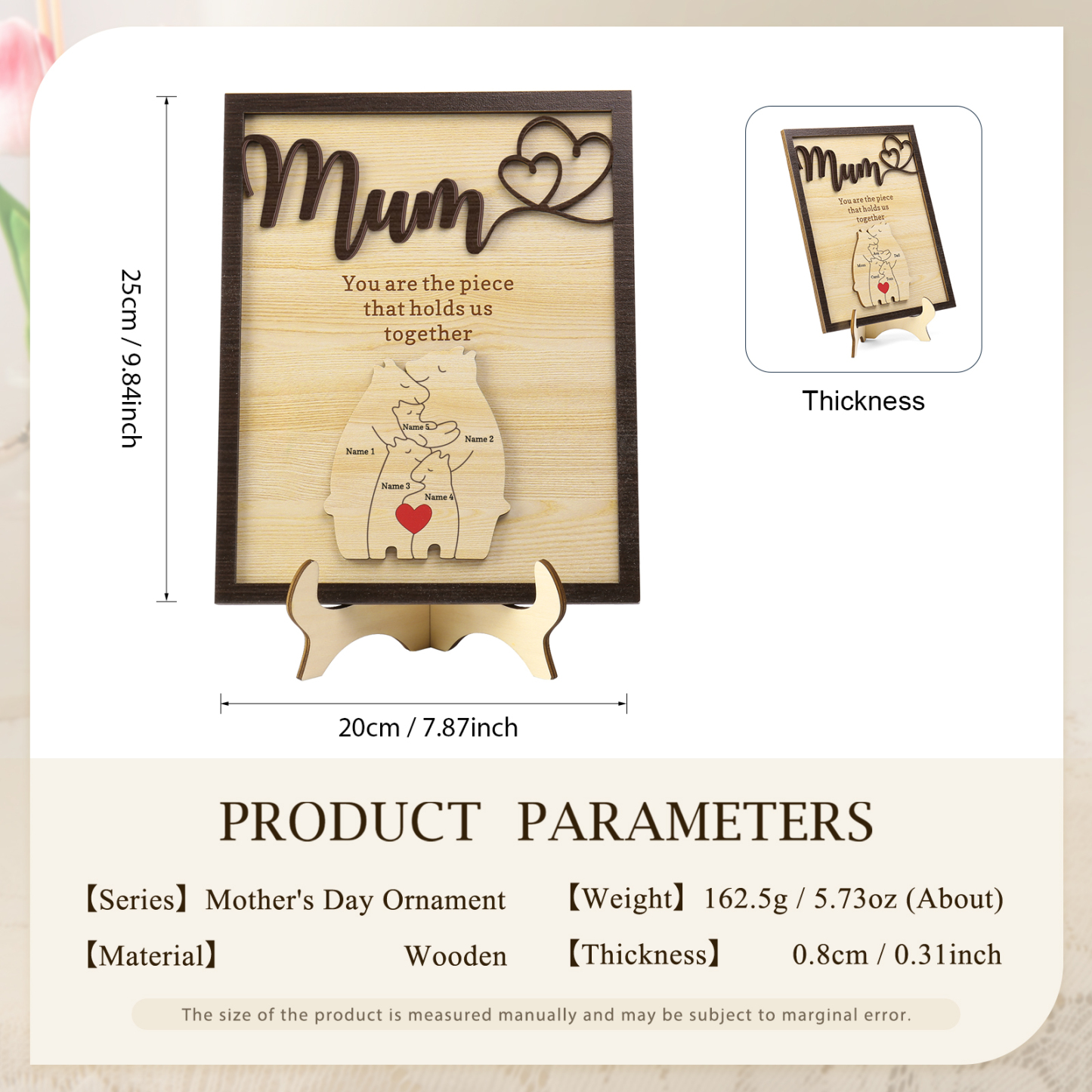 Personalised Bear Puzzle Pieces Wooden Plaque Custom 5 Names Family Ornament With Stand Gifts for Mum - You Are The Piece That Holds Us Together-Jessemade AU