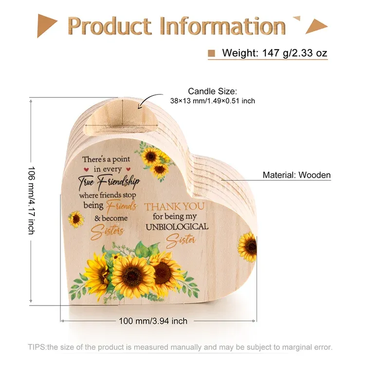 To My Bestie Heart Candle Holder "Thank You for Being My Unbiological Sister" Sunflower Wooden Candlestick Gifts For Friend-Jessemade AU