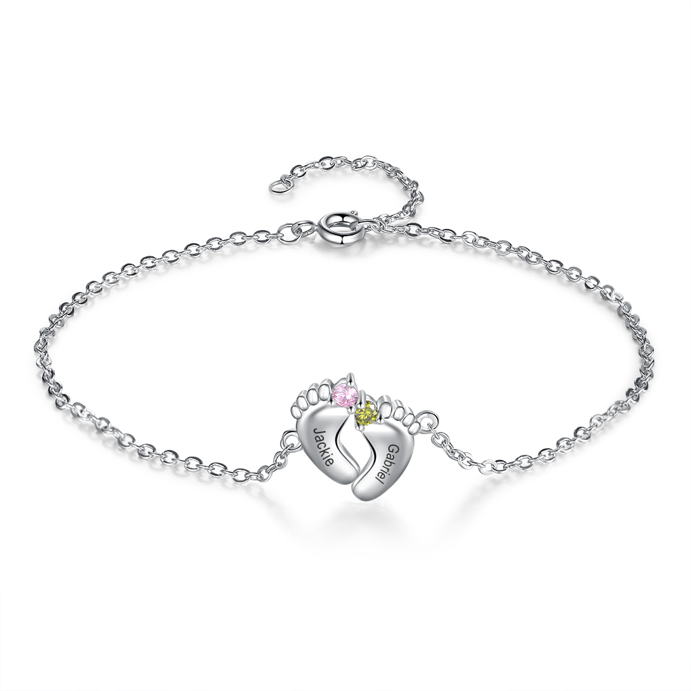 Personalised Baby Foot Necklace With 2 Birthstones Engraved Names Gift For Mother-Jessemade AU