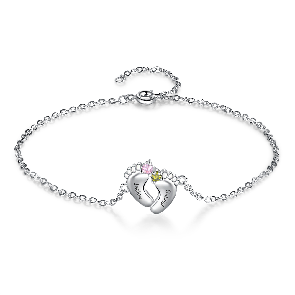 Personalised Baby Foot Necklace With 2 Birthstones Engraved Names Gift For Mother-Jessemade AU