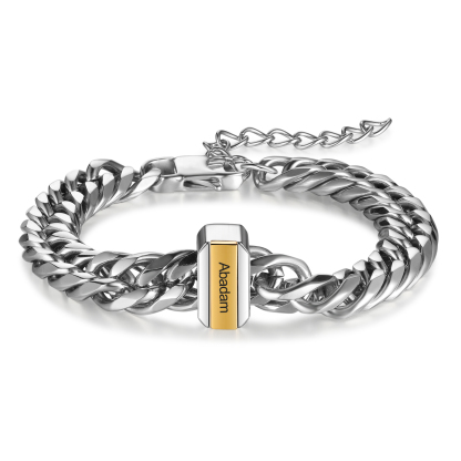 Personalised Mens Cuban Link Chain Bracelet Engraved Name 1 Bead Father's Day Gift