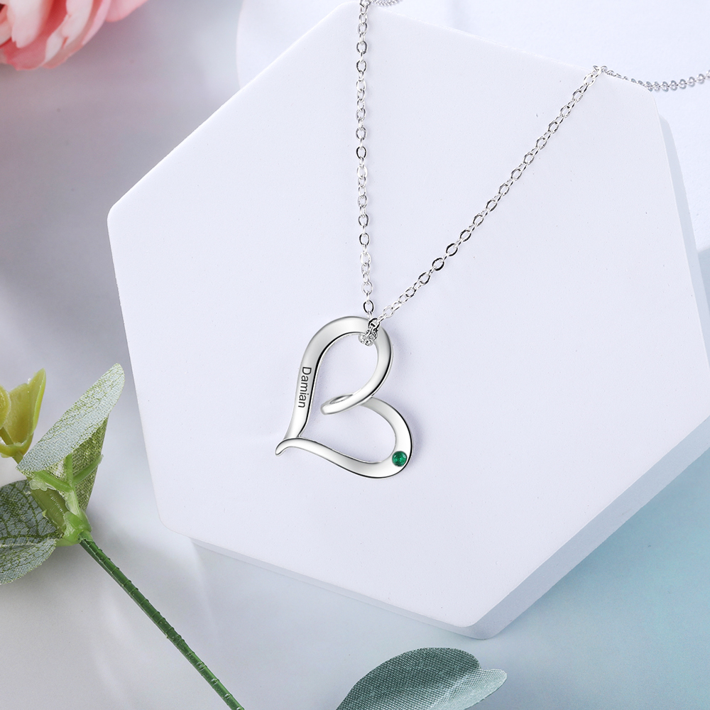 Personalised Heart Necklace With 1 Birthstone Engraved Names Gift For Her-Jessemade AU