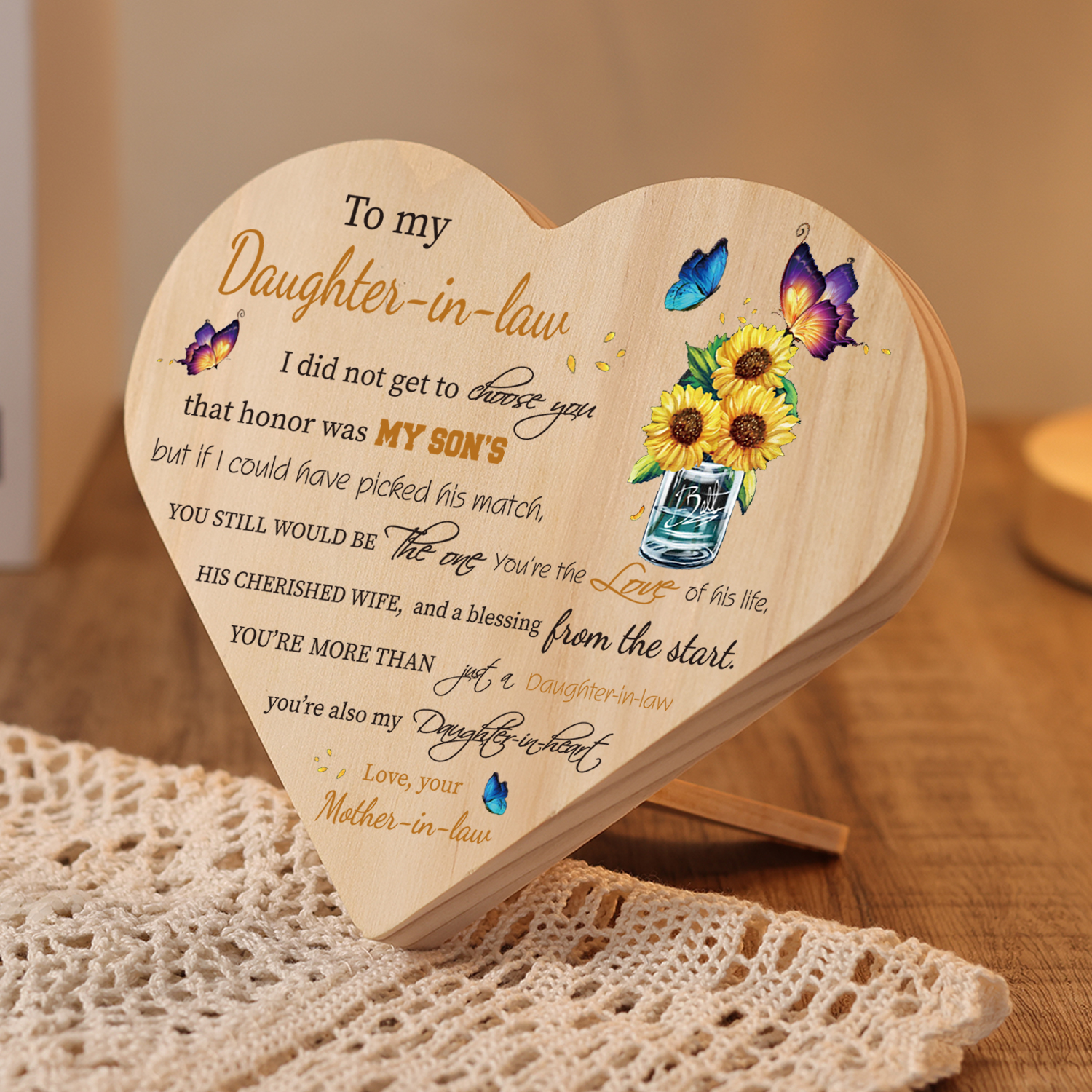To My Daughter-In-Law You're My Daughter-In-Heart Wooden Heart Keepsake Desktop Ornament-Jessemade AU