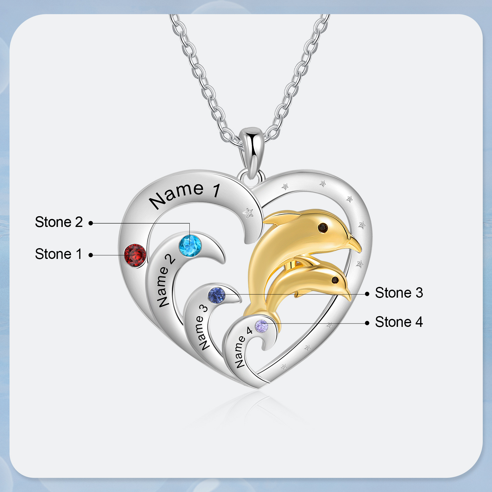 Personalised Heart Dolphin Pendant Necklace Custom 4 Birthstones Engraved 4 Names Necklace Gift for Her-Jessemade AU