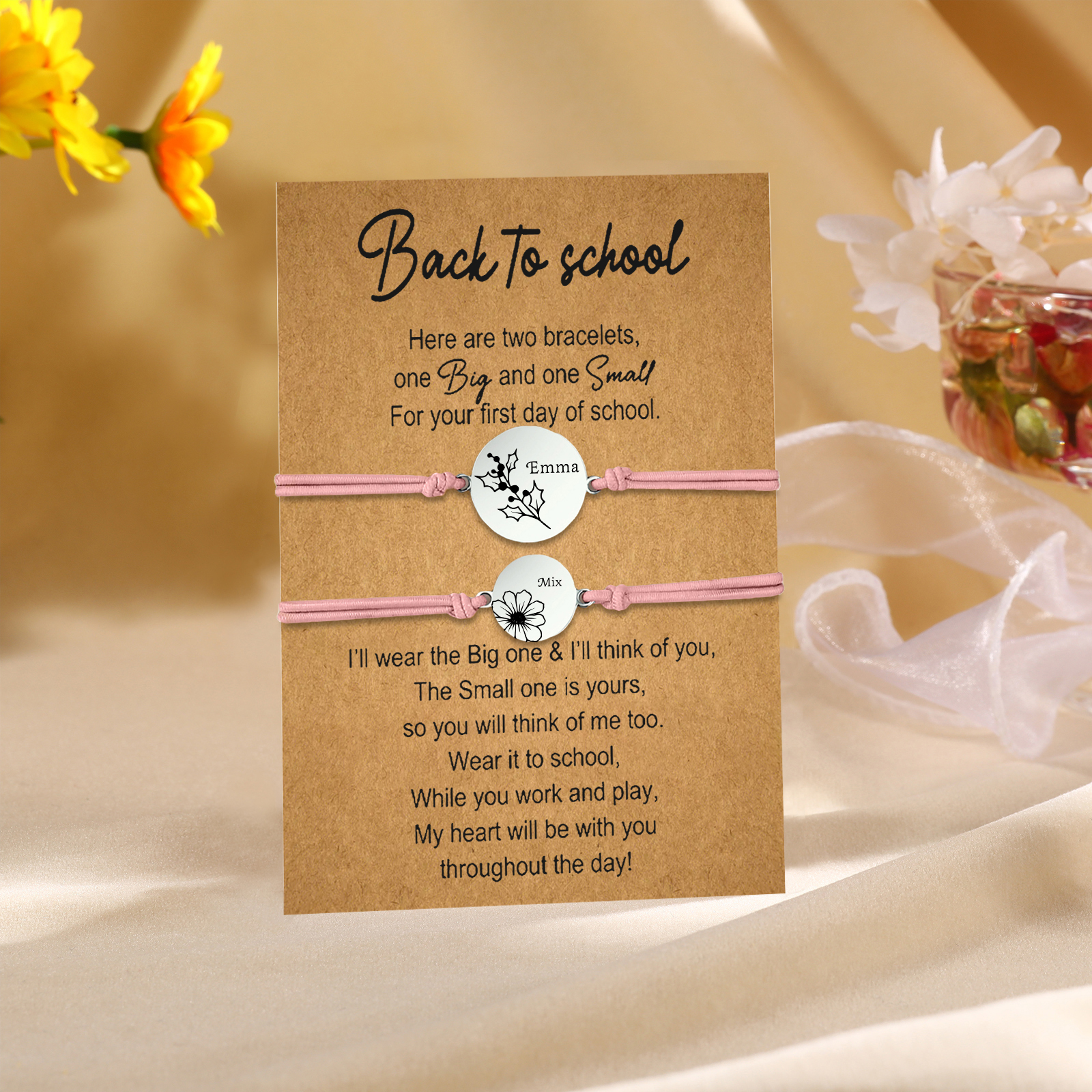 2 Pcs Bracelet Set Personalised Names & Birth Flowers Adjustable Bracelets with Message Card Back to School Gifts for Daughters-Jessemade AU