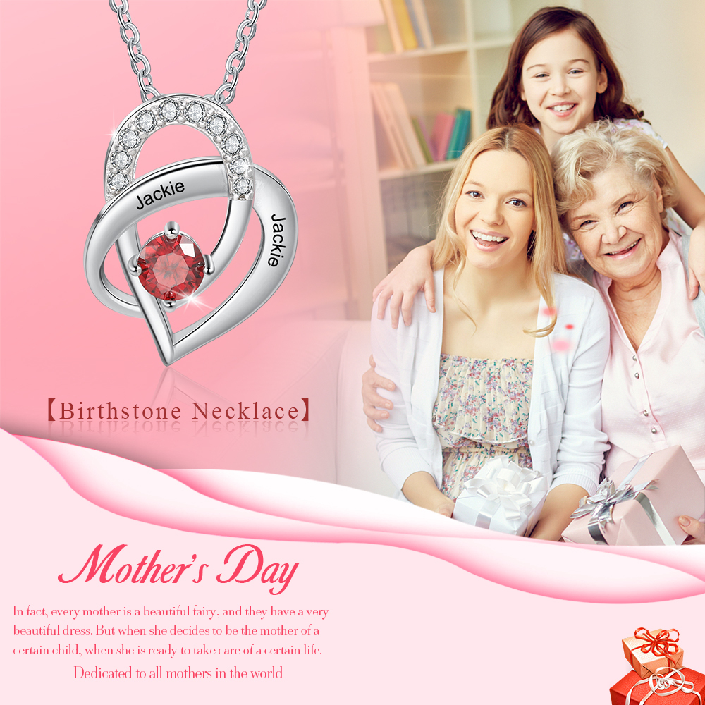 Personalised Heart Necklace With 1 Birthstone Engraved Names Gift For Women-Jessemade AU