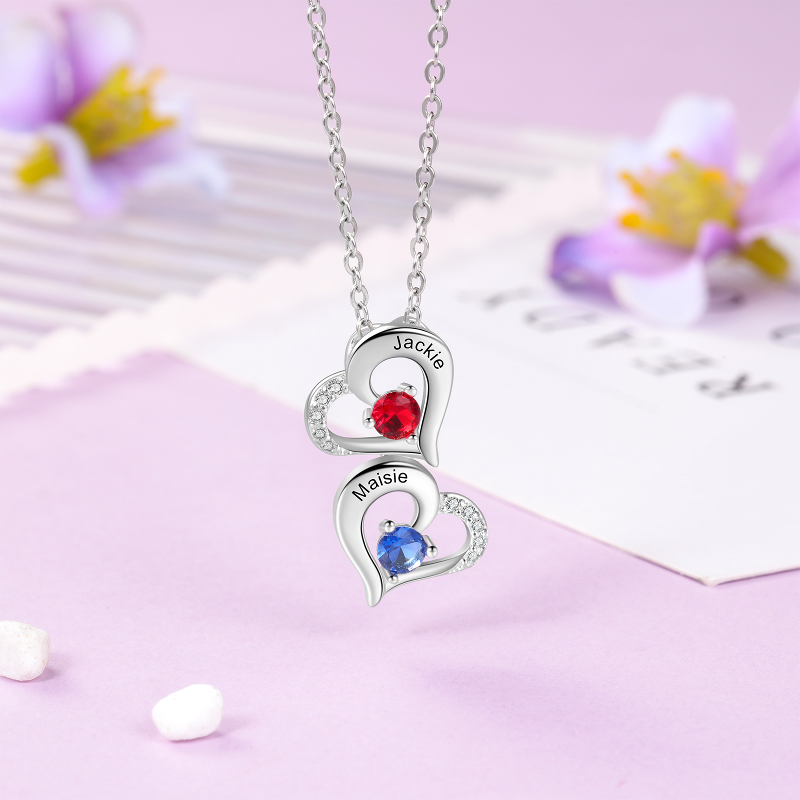 Personalised Heart Necklace With 2 Birthstones Engraved Names Gift For Her-Jessemade AU