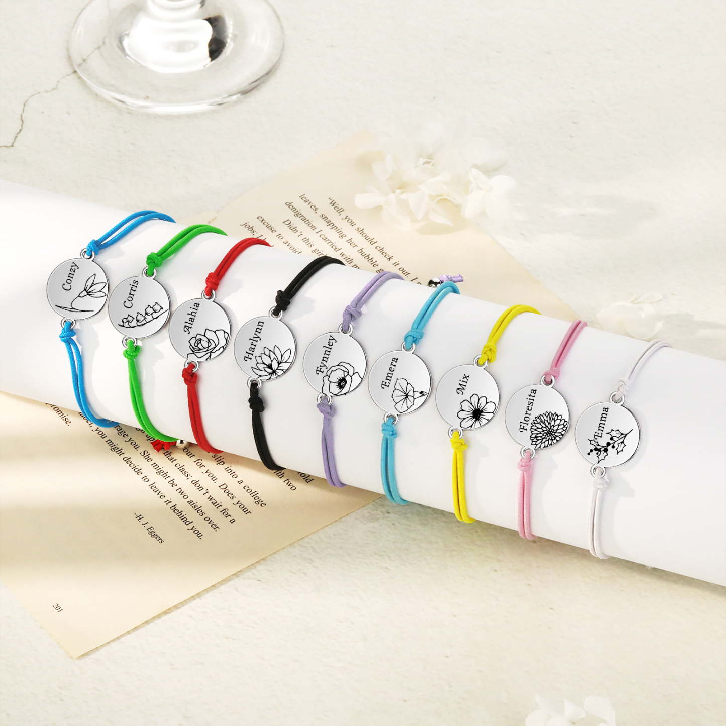 2 Pcs Bracelet Set Personalised Names & Birth Flowers Adjustable Bracelets with Message Card Back to School Gifts for Daughters-Jessemade AU