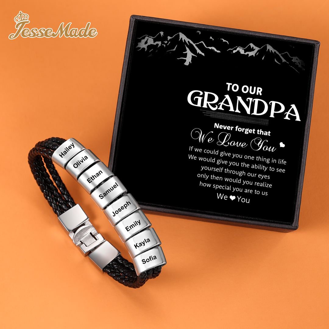 Personalised Braided Leather Bracelet Engraved 8 Names Men's Bracelet Gifts For Him-Jessemade AU