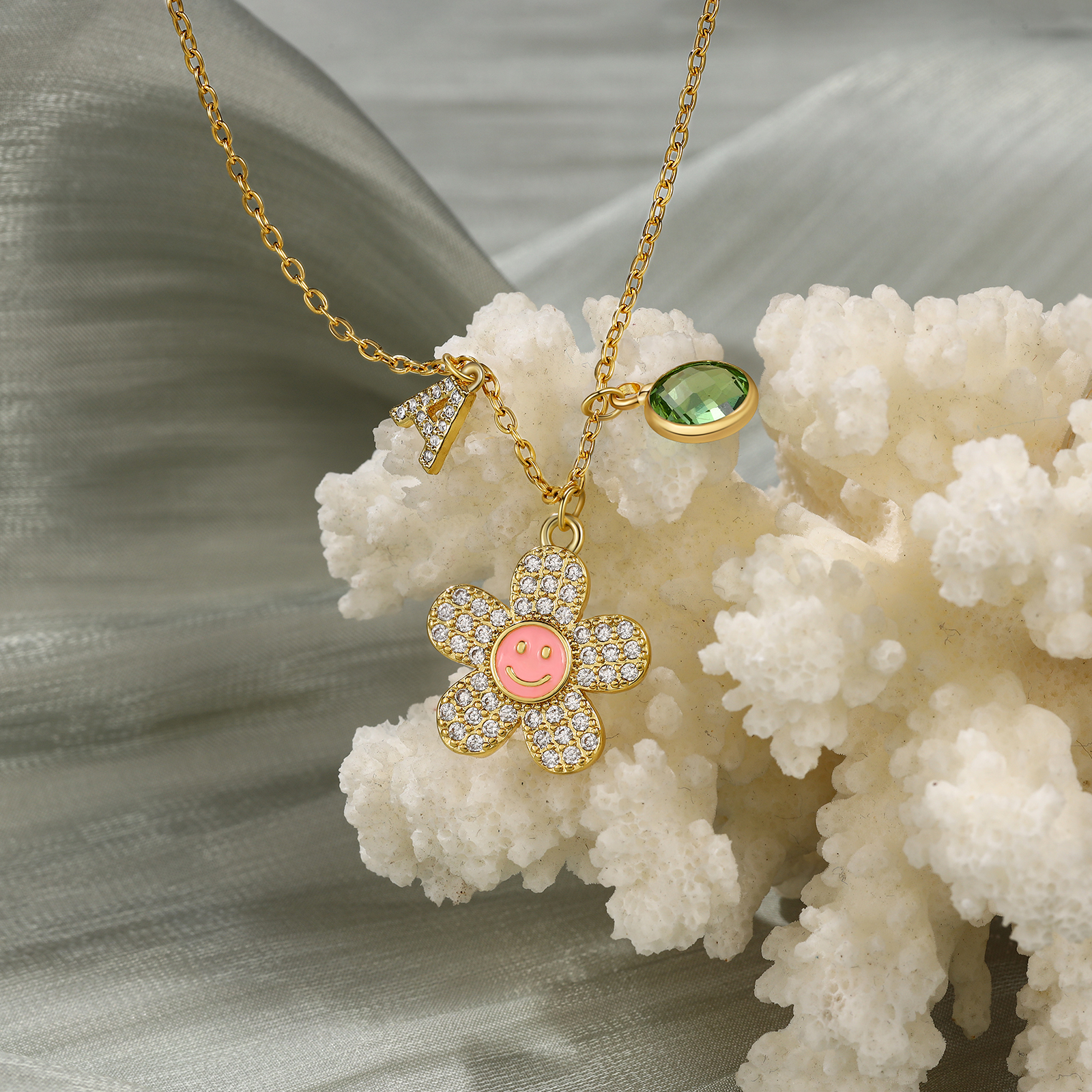 Personalised Flower Necklace Custom Birthstone and Initial Kid's Necklace-Jessemade AU