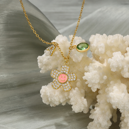 Personalised Flower Necklace Custom Birthstone and Initial Kid's Necklace-Jessemade AU